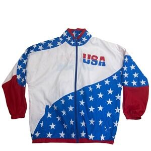 Funny Guy Mugs Mens USA Stars and Stripes Windbreaker Jacket Red White Blue L